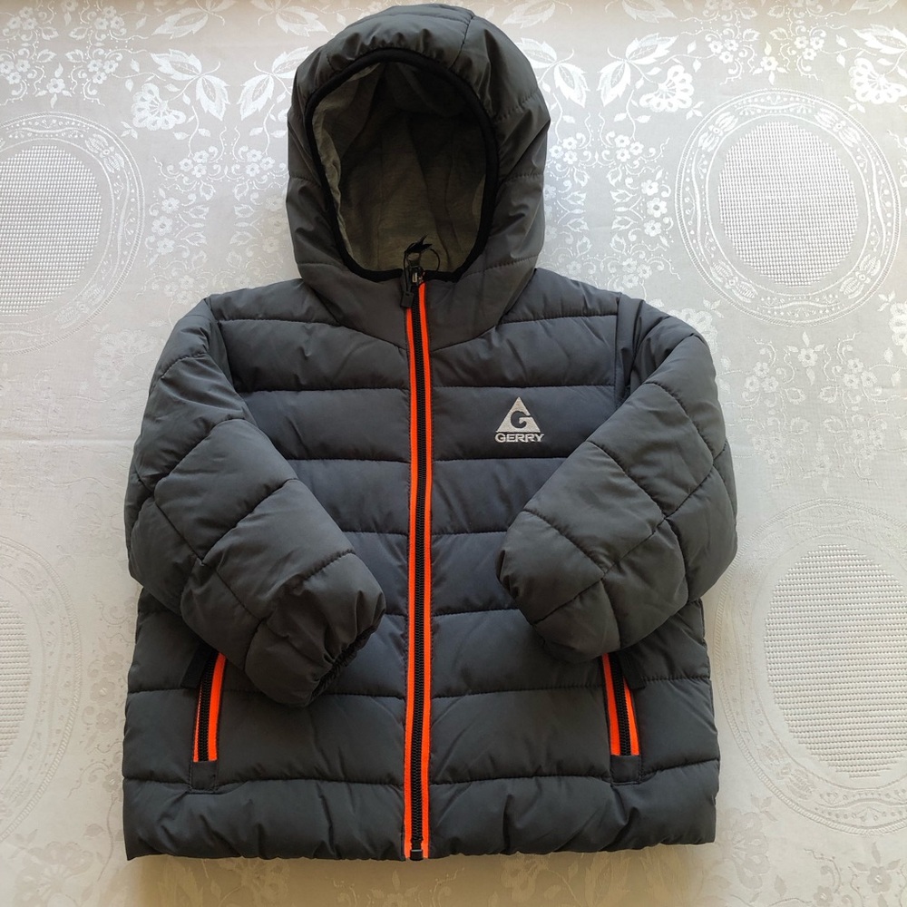 GERRY Hooded Kids Puffer Jacket Gray/Orange Trim Coat Boys Size 2T Zippered